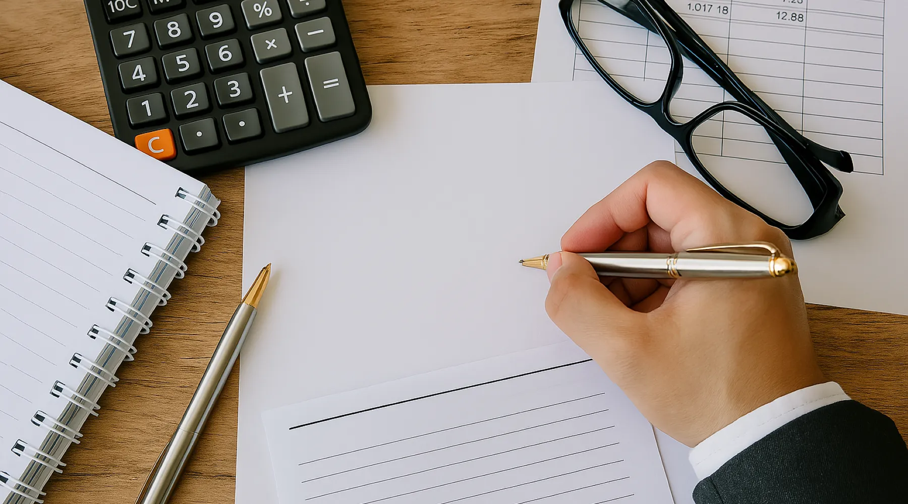Contador público utilizando una pluma para la elaboración de un dictamen de impuesto sobre nómina en el Estado de Veracruz y utilizando calculadora para obtener cifras precisas.